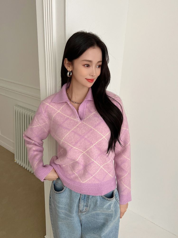 チェックが可愛い襟つきニットピンクブラウン (ニット・セーター