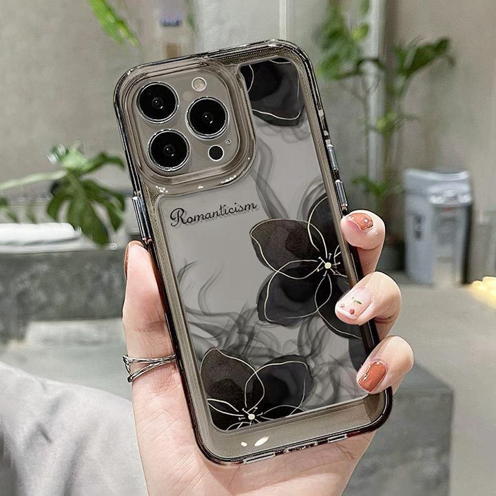 iPhone15ケース クリア 透明 フラワー 墨絵 スマホケース 花柄 (iPhone