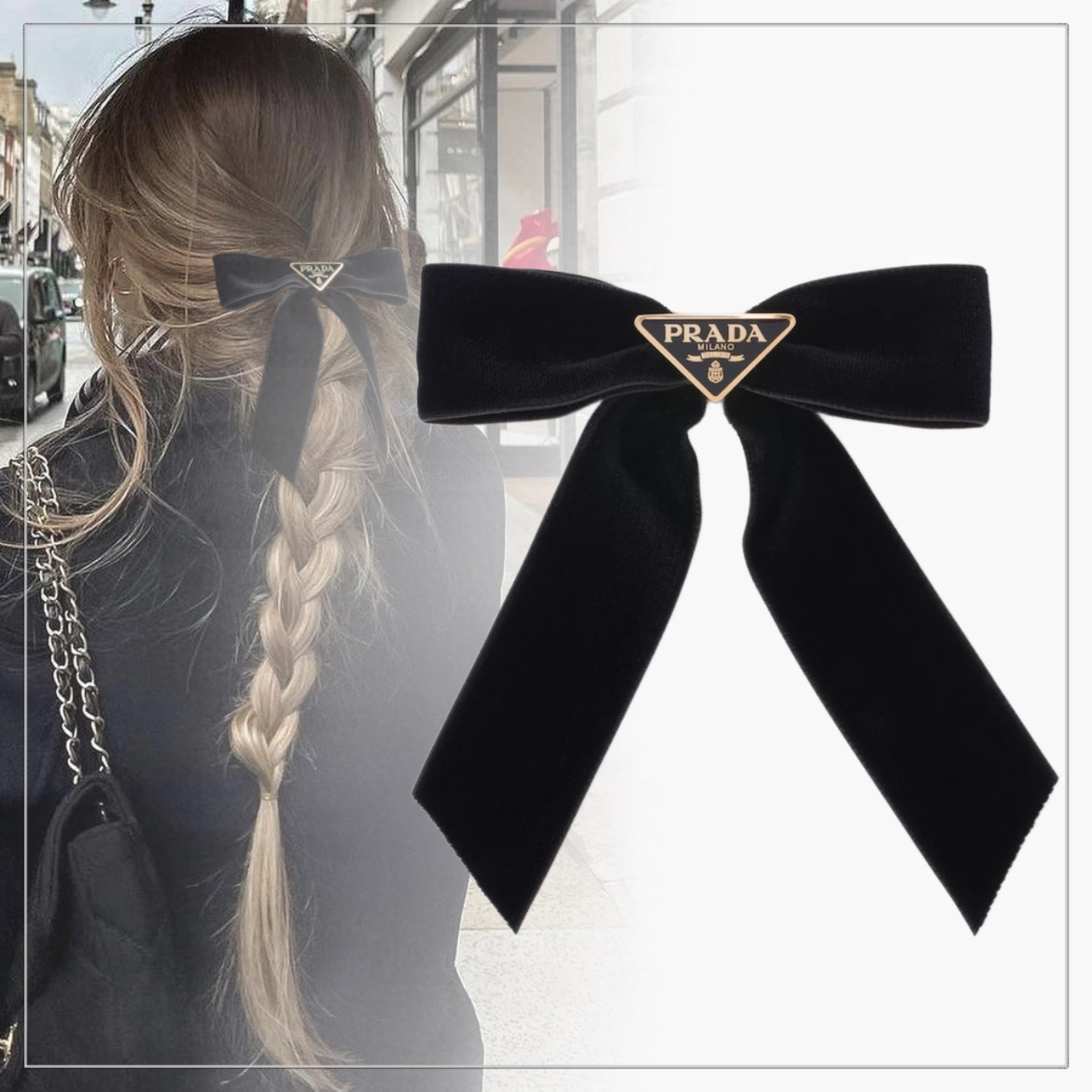 お洒落度UP】PRADA◇ベルベット リボン ヘアクリップ ロゴ付き (PRADA