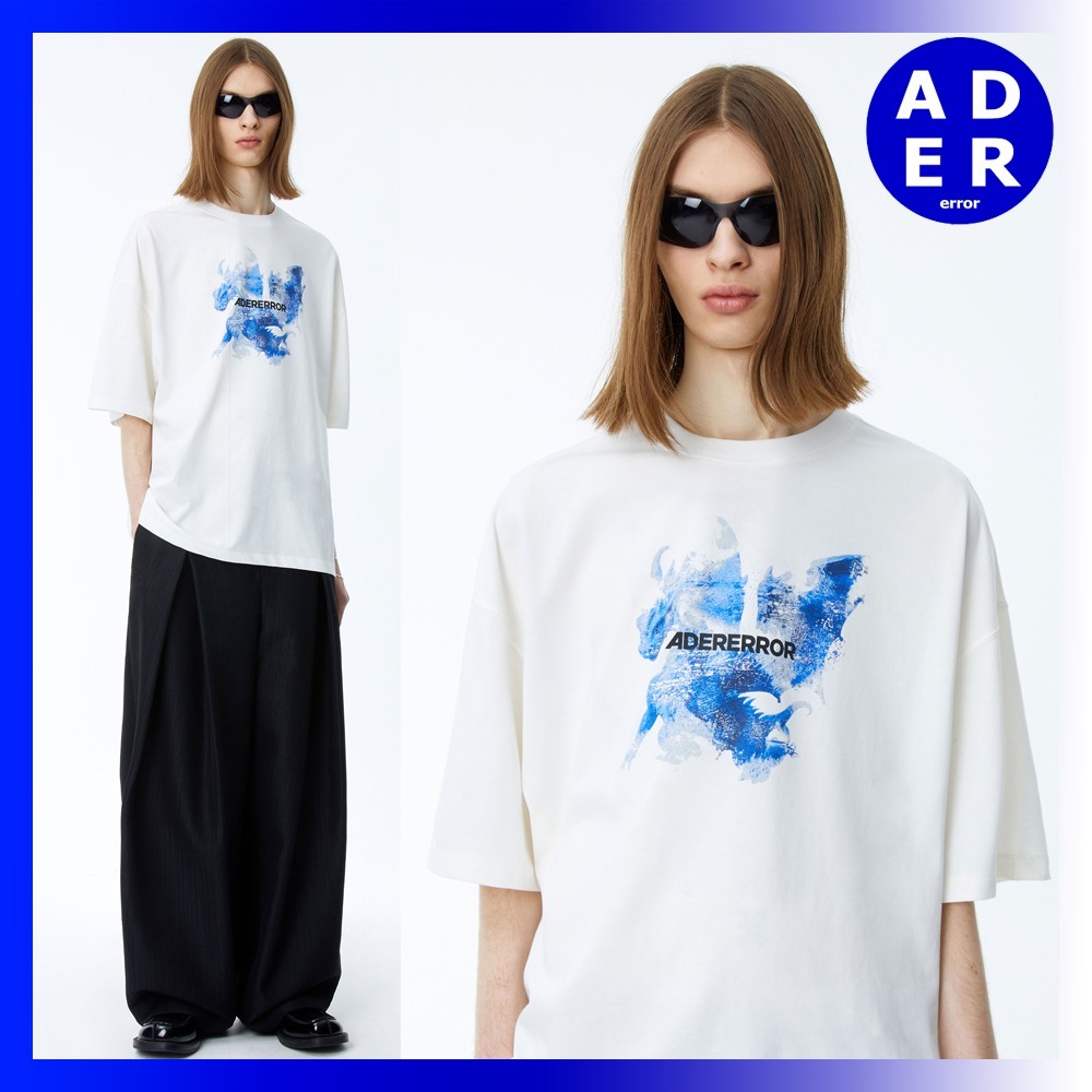 ADER ERROR Nowia プリントTシャツ ホワイト×ブルー XLサイズ ADER