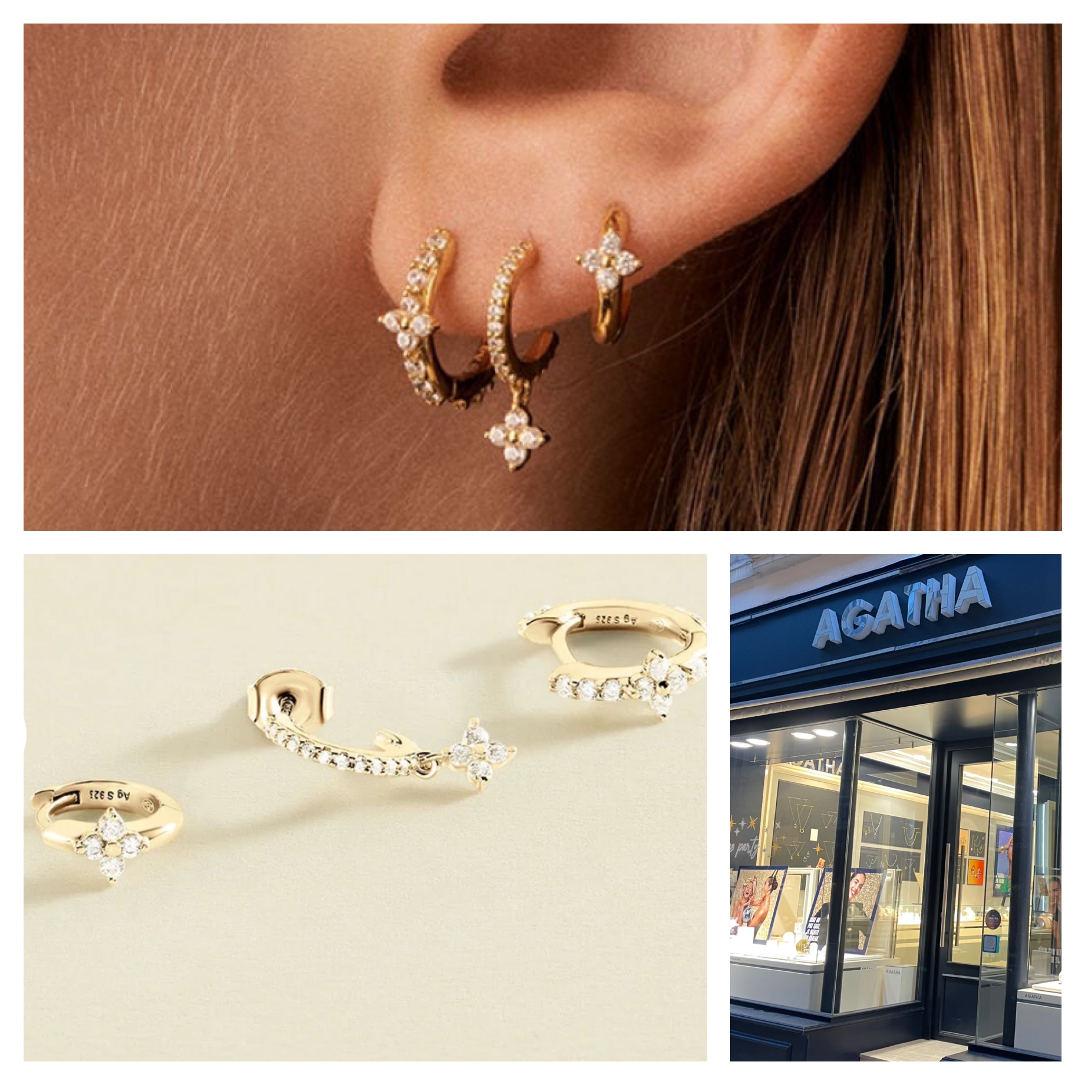 3個売りピアスミニフープピアス ゴールド/クリスタル (Agatha/ピアス