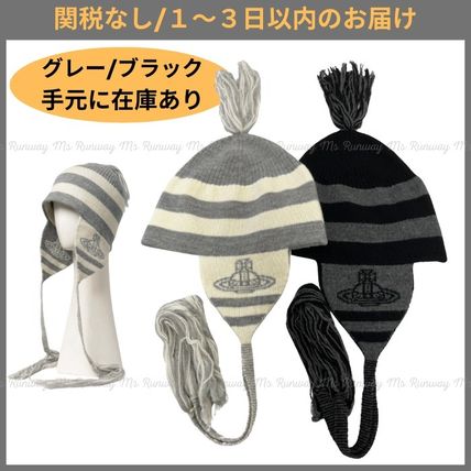ヴィヴィアンウエストウッド 耳あて付き ニット帽子 ブラック×グレー