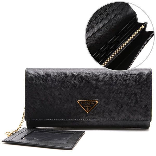 美品✨PRADA プラダ 二つ折り財布 サフィアーノレザー 金ロゴ ブラック 黒