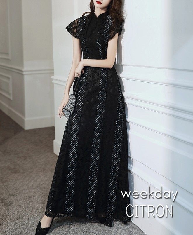 総レース パーティードレス ワンピース エレガント 黒 ck311