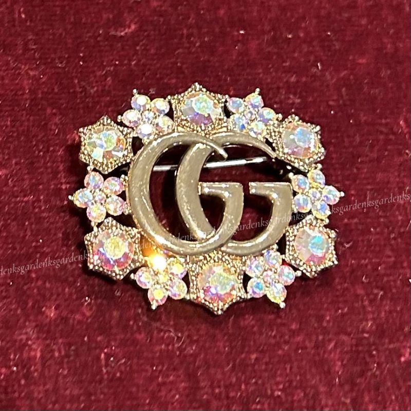 ストア GUCCI クリスタル ゴールドブローチ ダブルGロゴ GUCCI