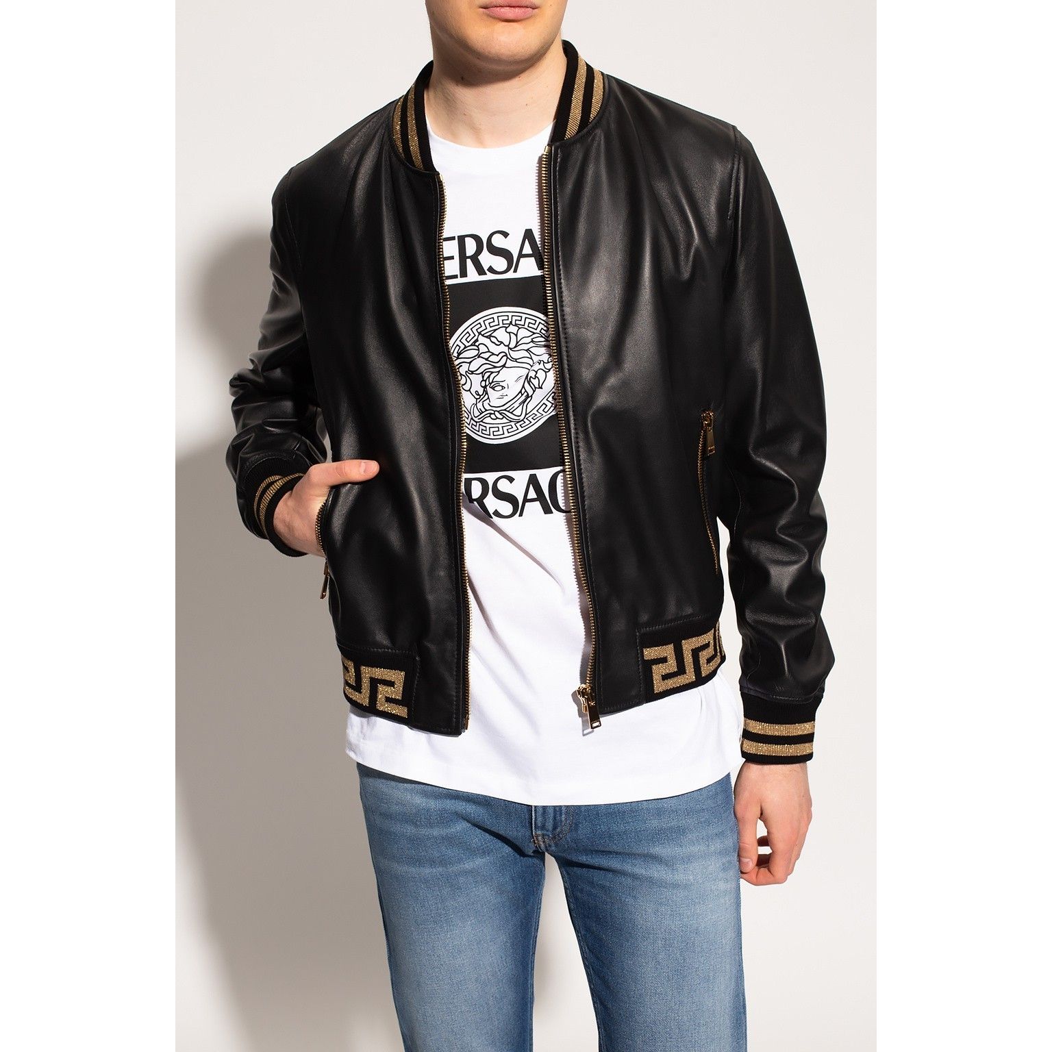VERSACE グレカ ラム ジップ レザージャケット ブラック (VERSACE