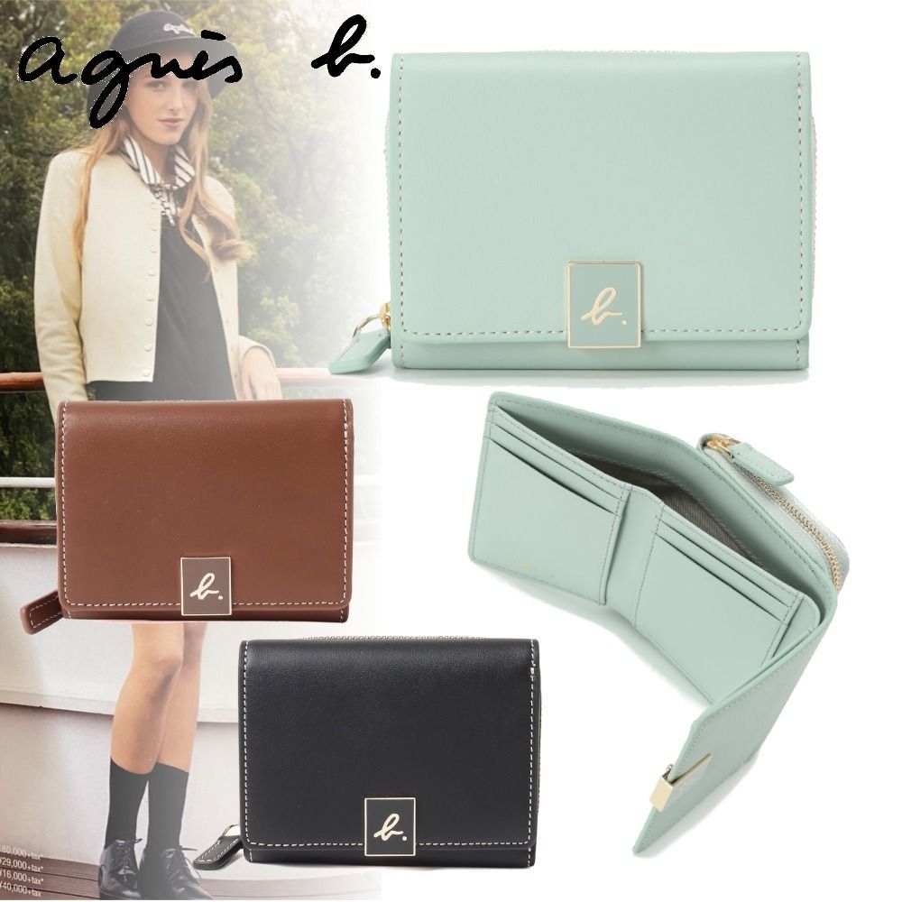 アニエスベー】素敵！スクエア型 ロゴ 三つ折りミニ財布 (Agnes b
