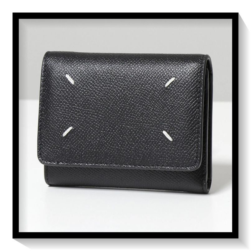 マルジェラ 二つ折り財布 レザー 4ステッチ シボ革 ブラック Maison