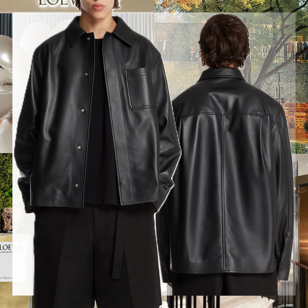 LOEWE 高級 ブラック レザー 長袖 オーバー シャツ ジャケット (LOEWE