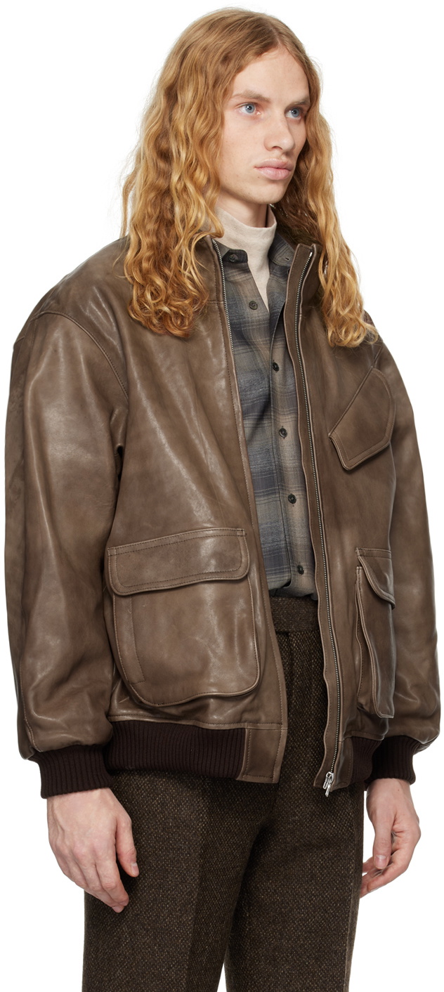 AURALEE Brown Heavy Lamb Leather Zip Jacket Auralee