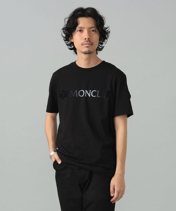 MONCLER ブラック Tシャツ Black Flocked Logo Cotton T-Shirt - Polos