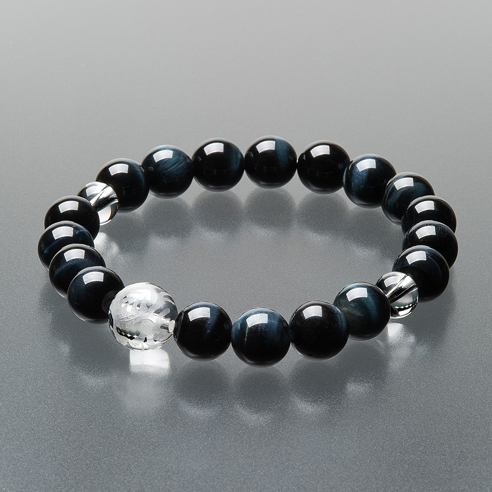 特選腕輪念珠 天然石ブレスレット 青虎目石 龍彫り本水晶 10mm玉