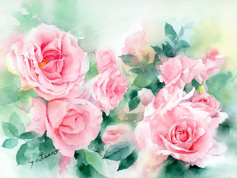 透明水彩画原画美しい薔薇とデルフト焼きの花瓶① 透明水彩画原画薔薇③