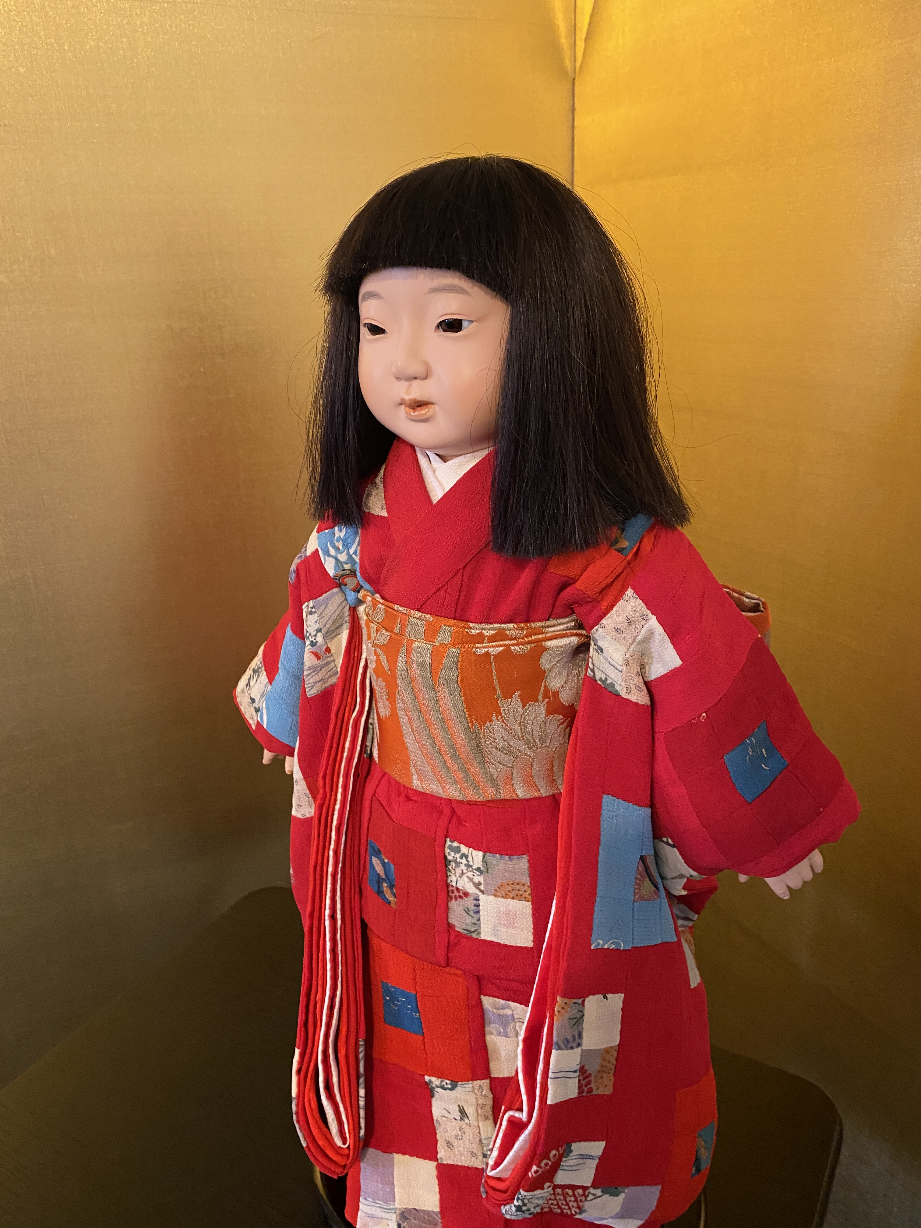 市松人形 お振り袖 着物と帯のセット 縮緬 古布 袷 本仕立て 15号52cm