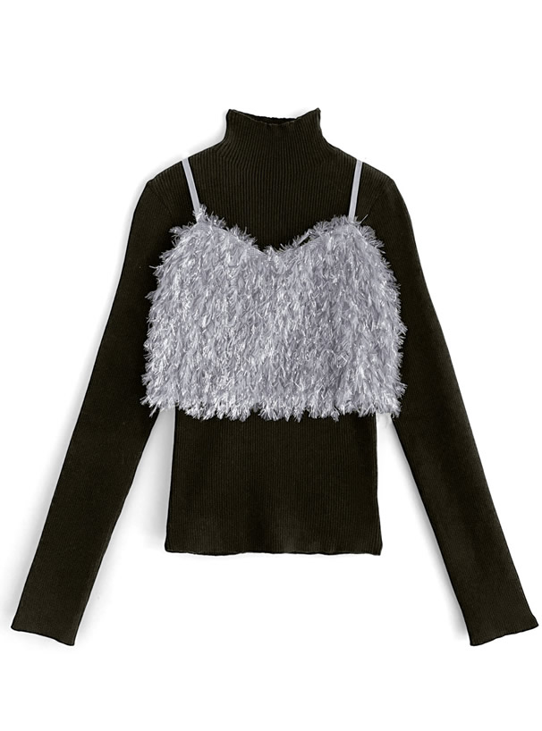 ラメフェザービスチェ×ニットトップスセットアップ[kz479