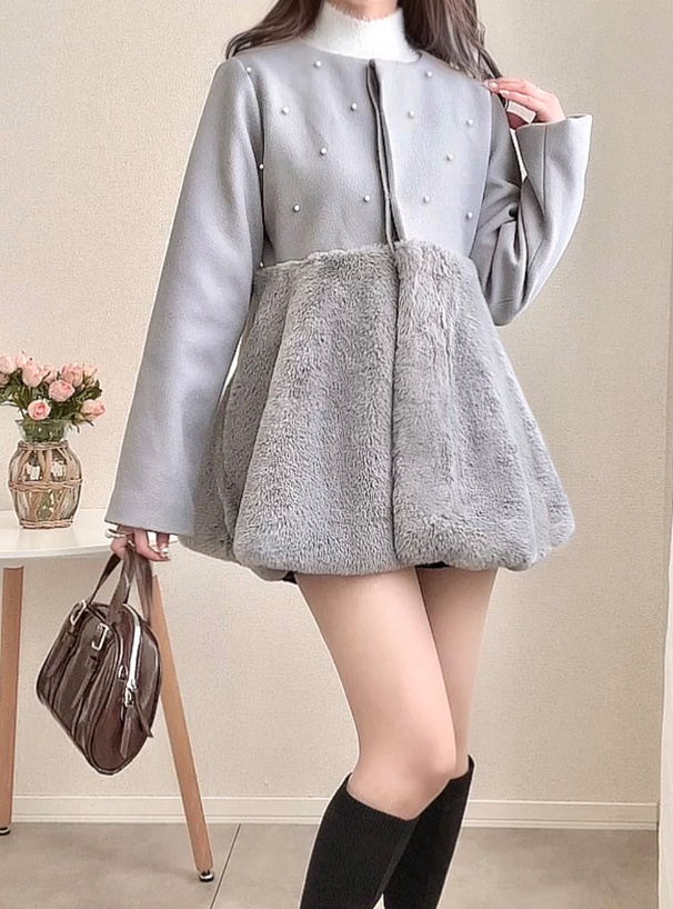 ジェンヌ ファー付き2wayペプラムショートコート エコファー襟付き