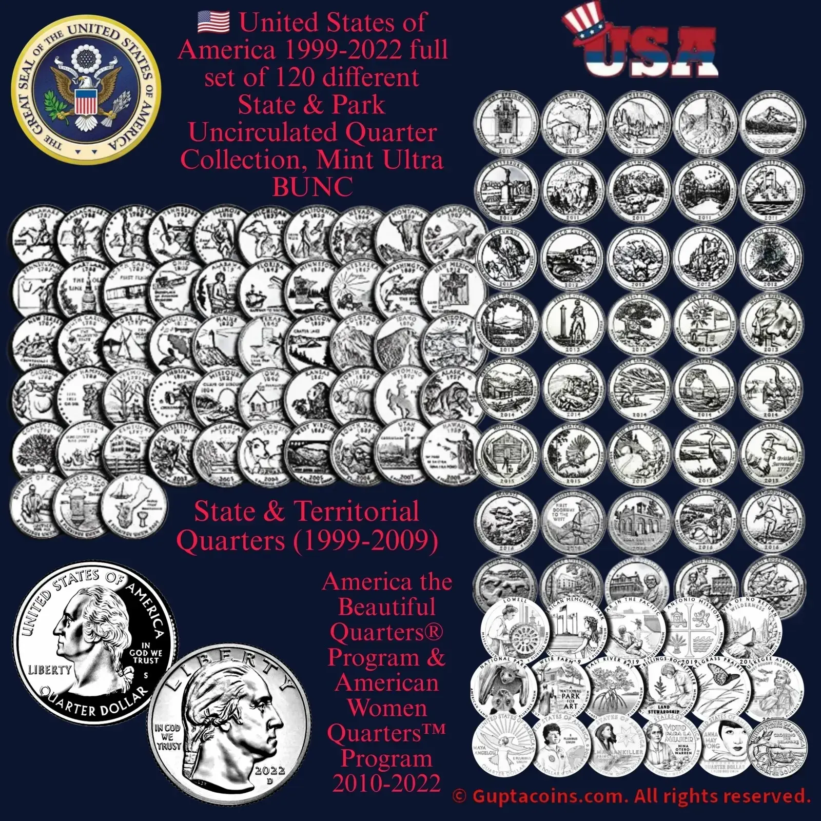 Rare USA 1999-2022 full set of 120 State & Park Quarters