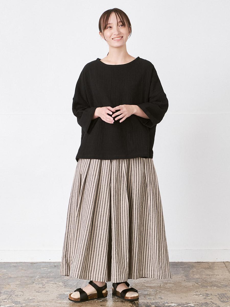 ガウチョパンツ コットンリネン混ストライプ | パンツフルレングス