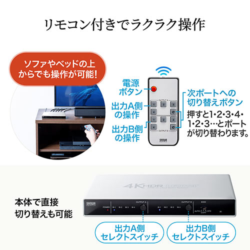 HDMI切替分配器 マトリックス切替器 4入力2出力 4K 60Hz HDR HDCP2.2