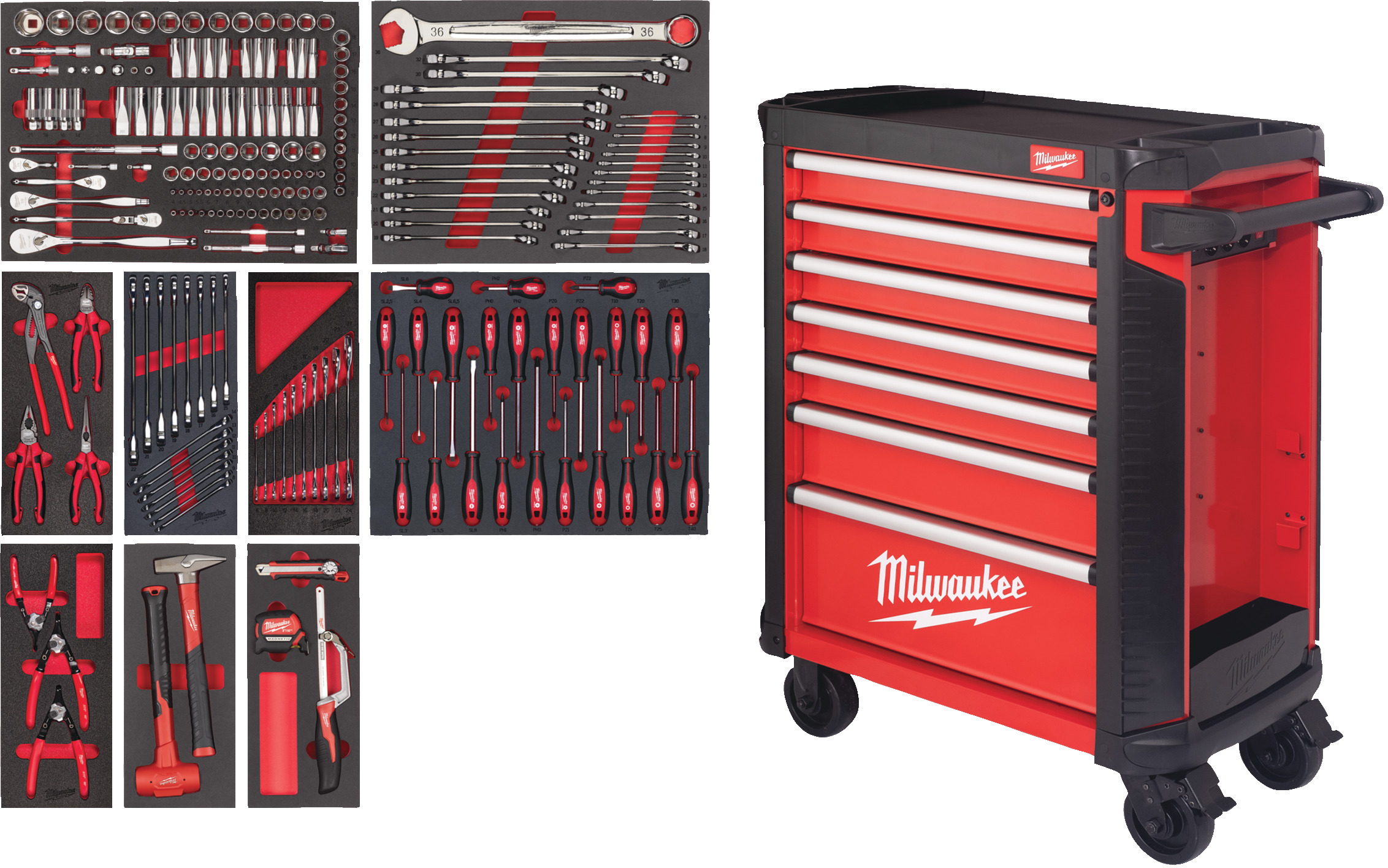 MILWAUKEE 4932498185 tool trolley red with 7 drawers (5 filled