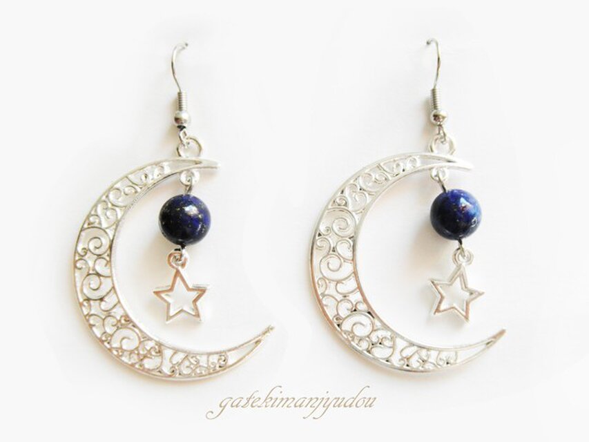 三日月×ラピスラズリ◇フックピアス【イヤリング変更可】 | iichi 日々