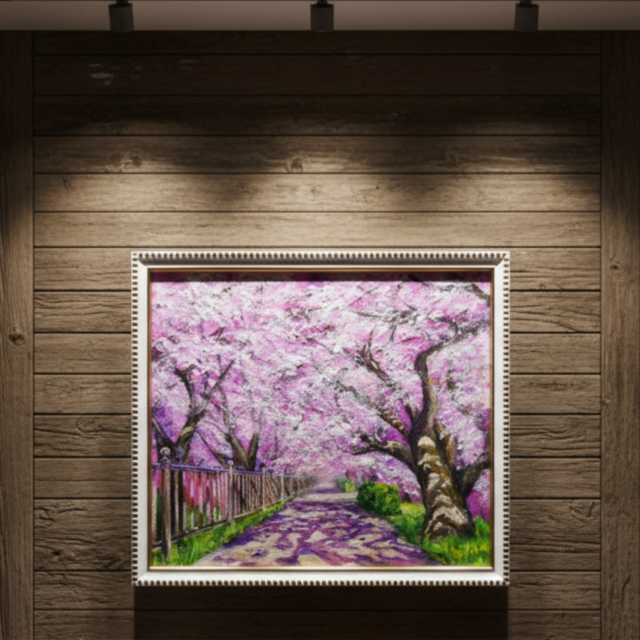 油彩画「満開の桜のトンネル」桜並木 春のインテリア | iichi 日々の