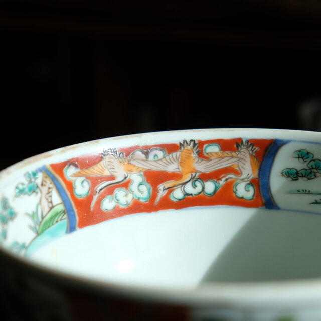 ポップで可愛い◇鶴や風景 伊万里 錦手金彩六寸深鉢 骨董・antiques