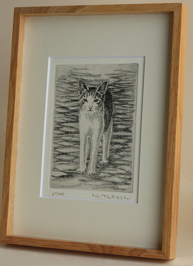 額付き銅版画応用絵画 title「よりそい猫」 額付き銅版画応用絵画 title「
