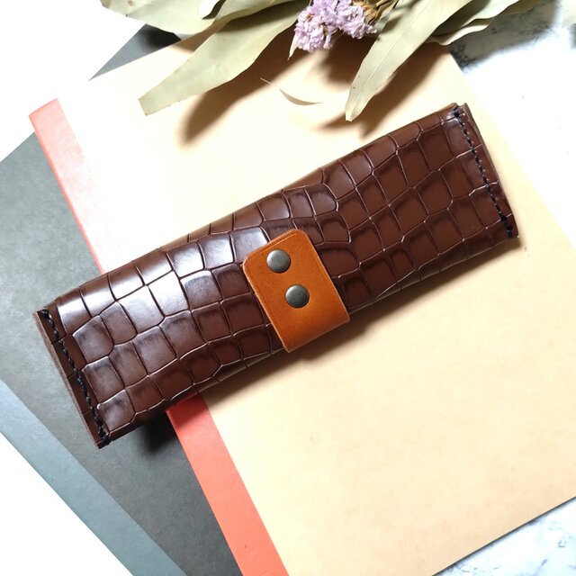 クロコダイル型押し革のペンケース オリジナル1点物iichis専用出品