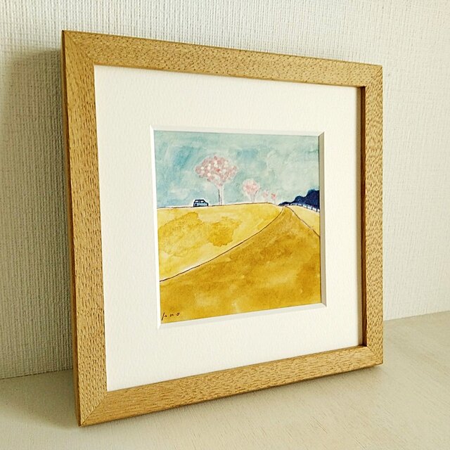 長谷岩友 水彩画 風景画 木製フレーム付き 約23cm x 17cm 長谷岩友