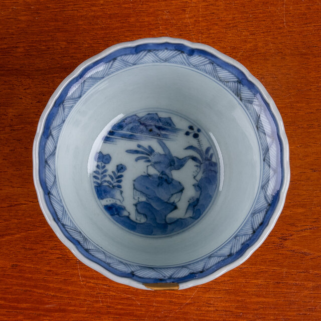 なます皿 鉢 3枚 染付 芙蓉手 花文様 花弁縁 銘 江戸