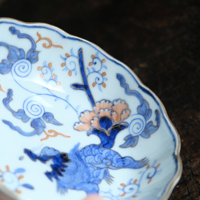 花唐草と獅子◇伊万里 染錦金彩膾皿 花唐草 青海波 深皿 骨董/antiques