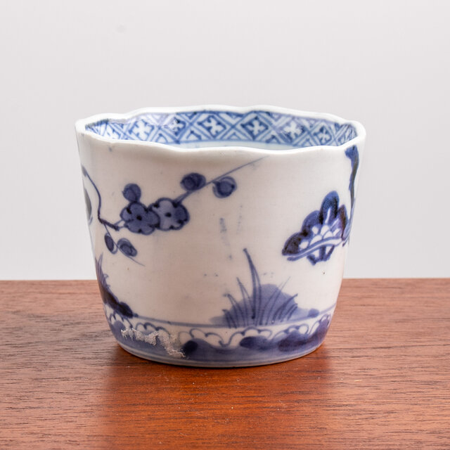 古伊万里 大振り蕎麦猪口 そば猪口 染付 生垣に菖蒲文様 骨董 時代物