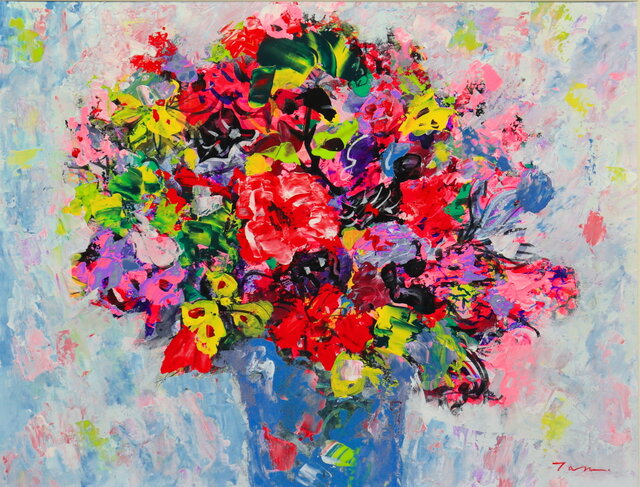 Flowers」(NO.2604) 6号F アクリル絵の具 額付き 送料無料 画像を