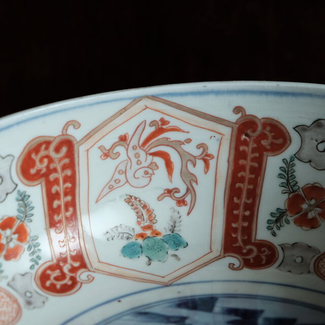 大鉢□みごとな赤絵金襴手大鉢 窓花鳥図 牡丹 松竹梅 菊 手描 江戸期