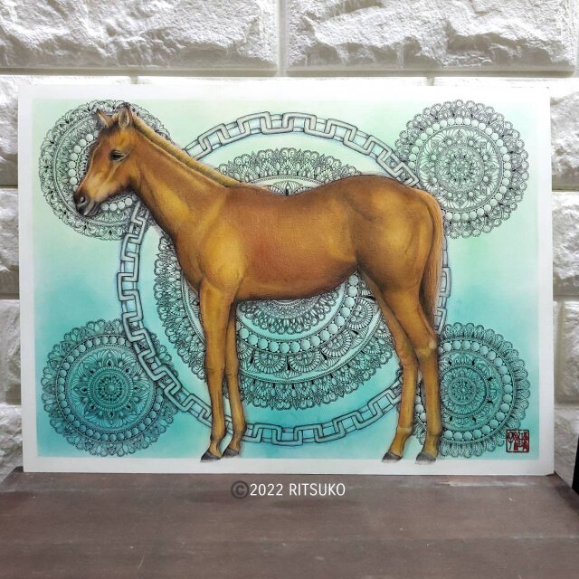 原画 1点もの ボールペン画 色鉛筆画 日本人作家 馬 額装付き 額入り