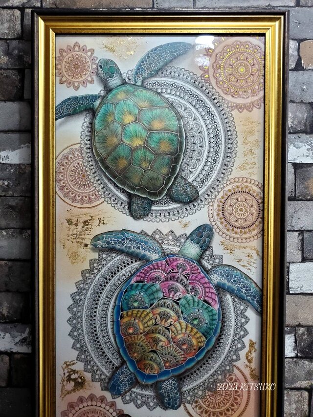 原画 カメ 額あり 動物画 絵画 アクリル画 現代アート 細密画 手描き