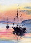 水彩画原画 夕日とヨット ＃651 | iichi 日々の暮らしを心地よくする