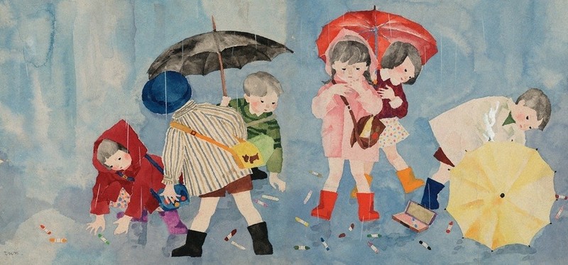 いわさきちひろ「少年スキーヤー」仮題 水彩額41.5×53絵￼25.5×31cm