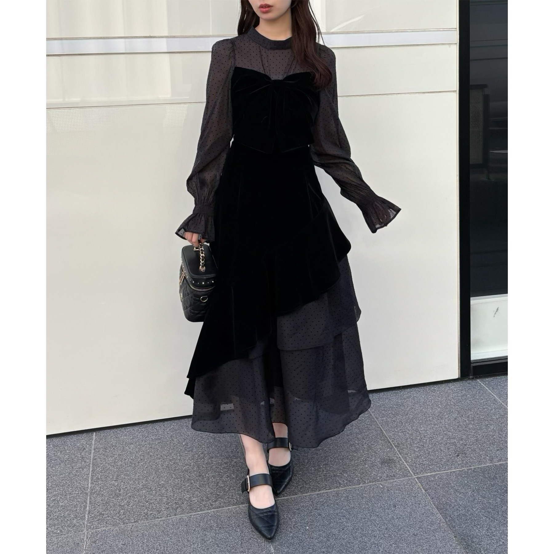 ベロアリボン異素材ロングワンピース | ファッション通販サイト NUGU