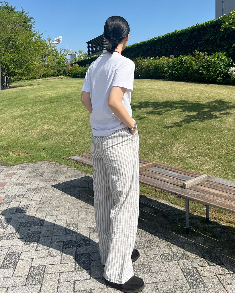 ストライプ ワイドパンツ 45R 全2色〉涼感ストライプワイドパンツ