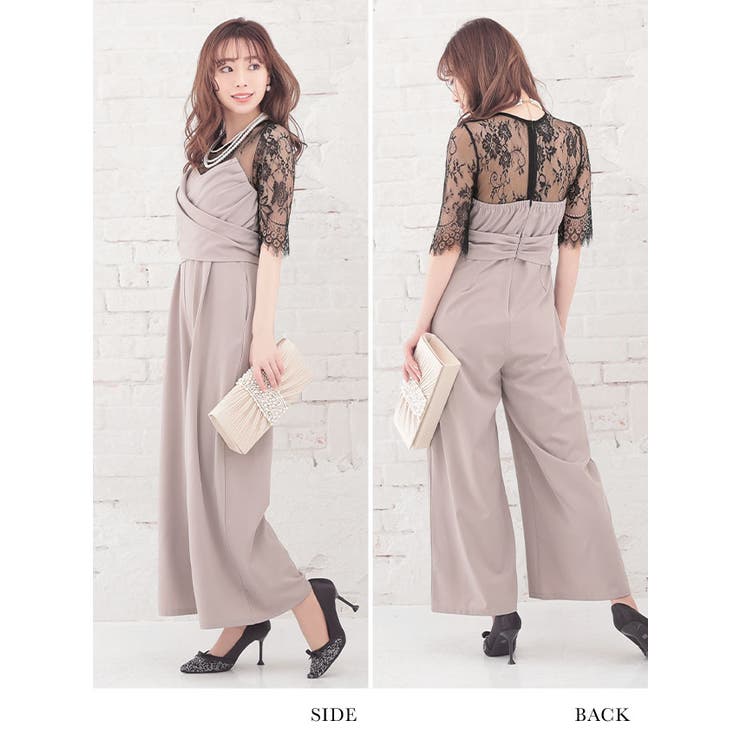 ブラックレーススリーブバストクロスパンツドレス パーティードレス 袖