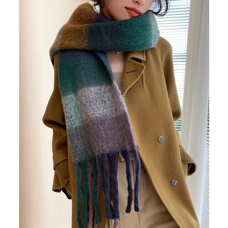 カシミヤ風マフラーチェック柄 大判 厚手[品番：AGCW0005076