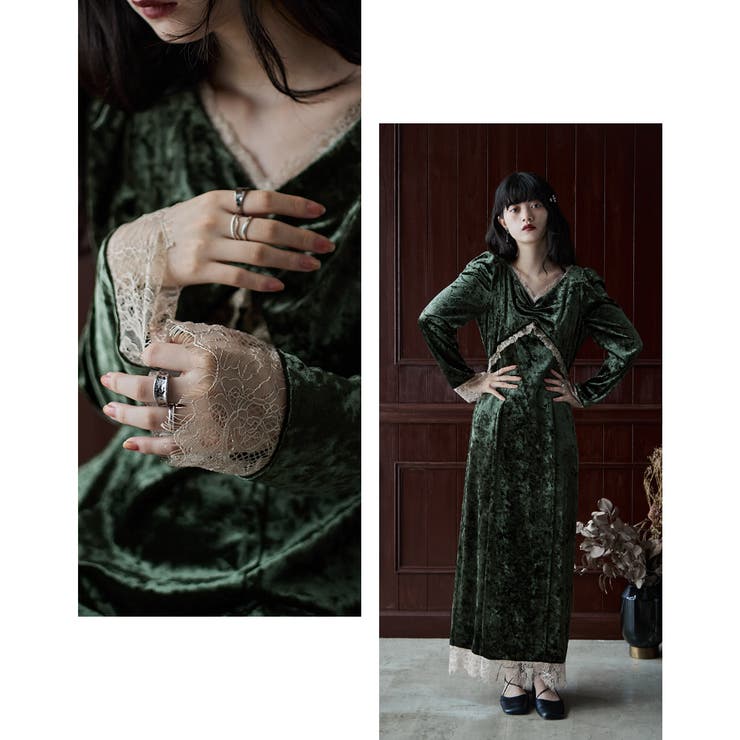 etoll エトル クラッシュベロアランジェリー風ドレス[品番