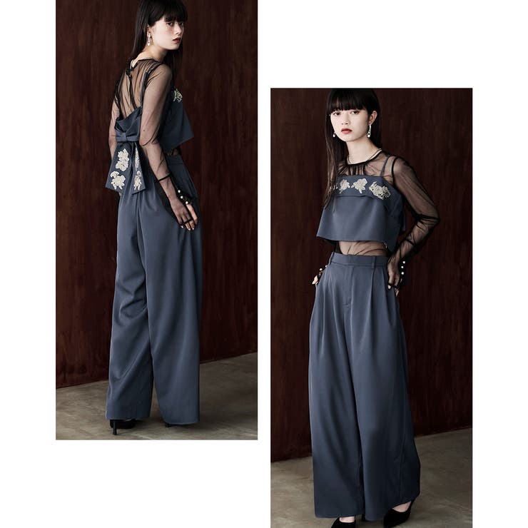 etoll エトル 3piece刺繍リボンビスチェ＆タックワイドパンツセット