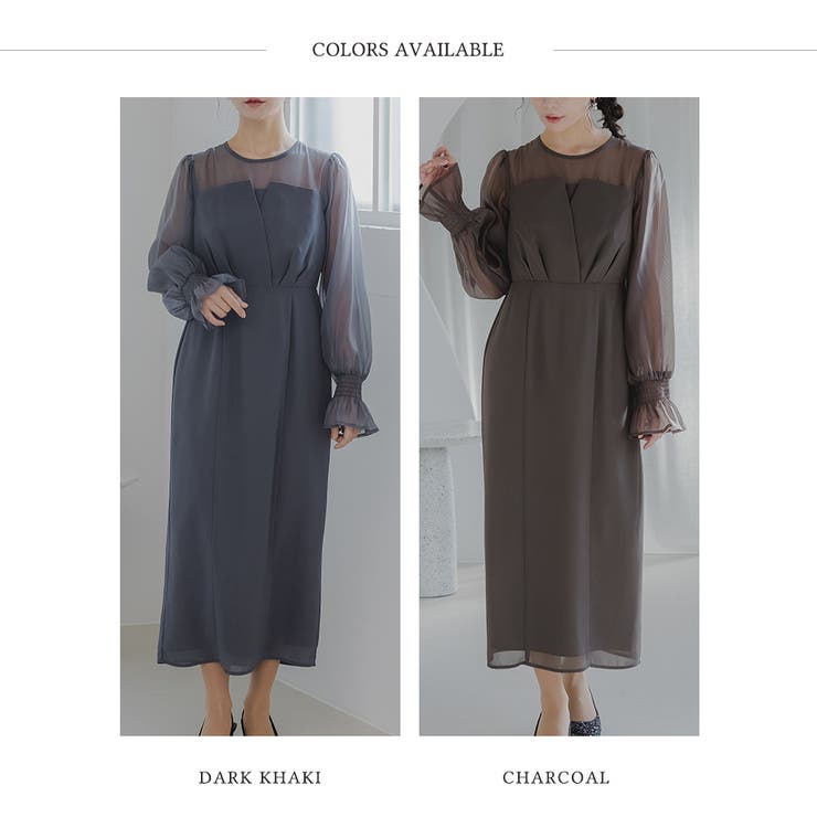 ボリュームスリーブシフォンロングワンピース ドレス 結婚式[品番