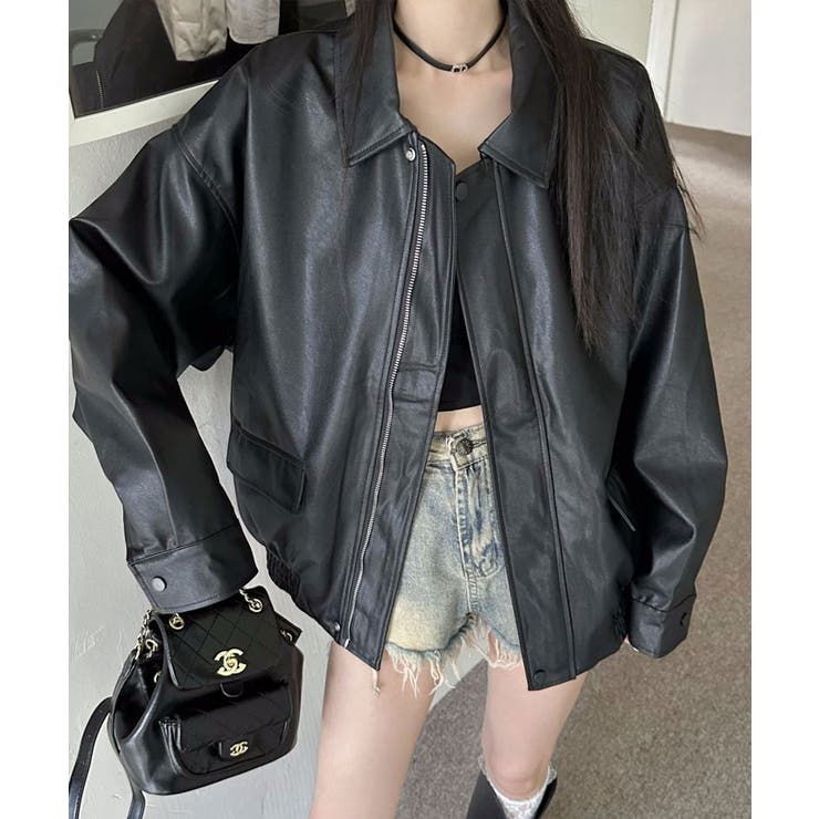 ビッグシルエットフェイクレザージャケット アウター 羽織り[品番