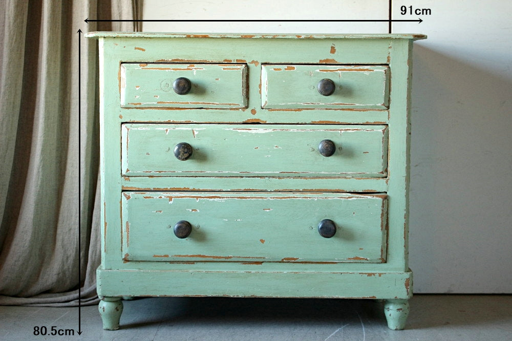 オールドパイン材シャービーなグリーンペイントチェスト（横幅91cm