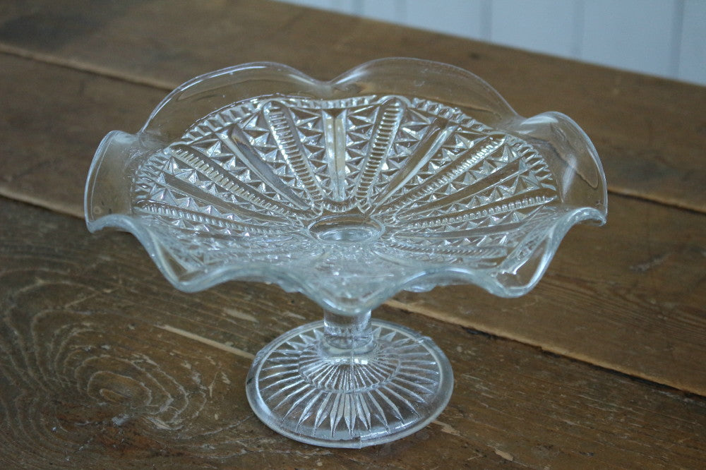骨董 時代ガラス 希少2色 フリルガラス コンポート ウランガラス 菓子