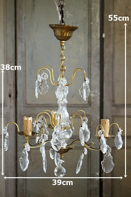 31. フランス アンティーク シャンデリア 3灯 キャンドル ガラス